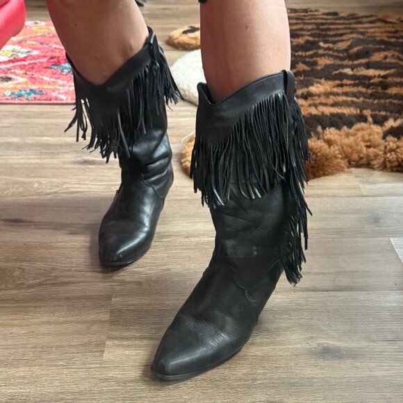 Acme Black Leather Fringe Cowboy Boots - Picture 2 of 4